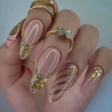 Daiiibabyyy 24Pcs Long French False Nails Almond Fake Nails with Shiny Sequin Design Stripe Finished Press on Nails Wearable Round Nail Tips