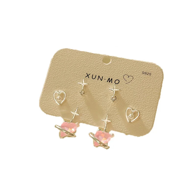 DAIIIBABYYY  -  Sweet Pink y2k Star Heart Pendant Stud Earrings Set for Women Korean Fashion Shiny Rhinestone Pearl Earring Jewelry