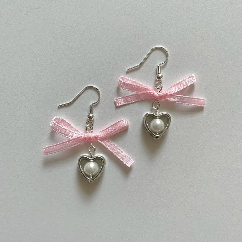 DAIIIBABYYY  -  Pearl heart charm earrings pink ribbon bows Cute fairy