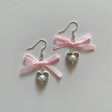DAIIIBABYYY  -  Pearl heart charm earrings pink ribbon bows Cute fairy