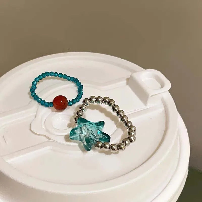 DAIIIBABYYY  -  New Sweet Blue Dream Jelly Shell Resin Star Rings Metal for Women Girls Starfish Beaded Finger Rings Ocean Jewelry Accessories