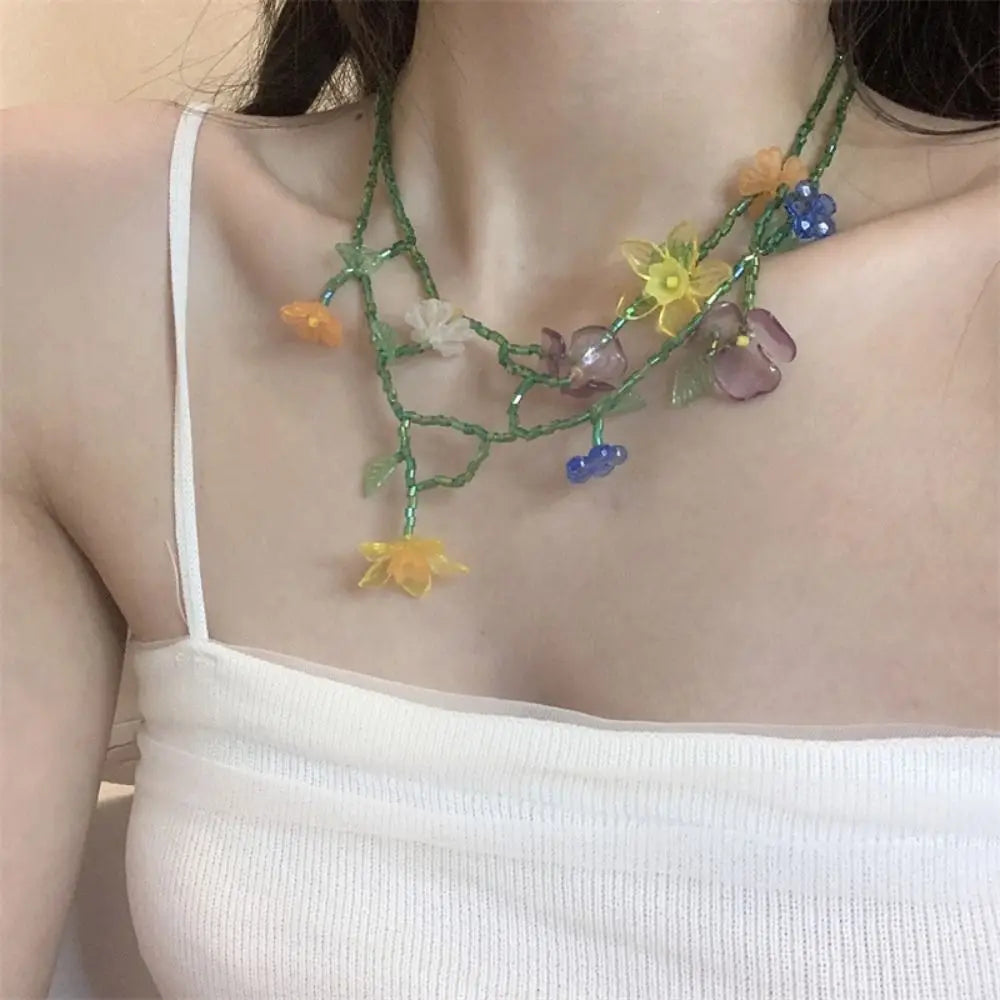 DAIIIBABYYY  -  Handmade Resin Flower Necklace Korean Style Jewelry Accessories Beaded Dangle Earring Tassel Minority Design Asymmetric Earrings