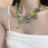 DAIIIBABYYY  -  Handmade Resin Flower Necklace Korean Style Jewelry Accessories Beaded Dangle Earring Tassel Minority Design Asymmetric Earrings