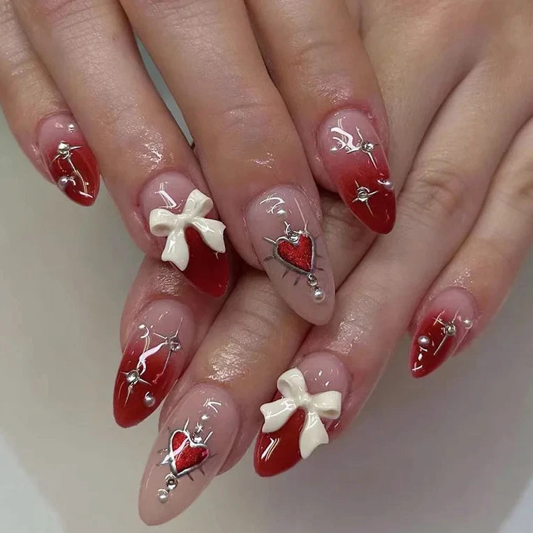 Daiiibabyyy  White Glitter Powder Bowknot Long Pointed Fake Nails Art Ballet False Nail Cow Print Pearl Rhinestone Pink Almond Press on Nails