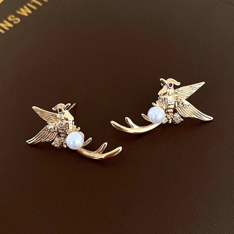 Daiiibabyyy  Silver Needle Zircon Pearl Bird Earrings for Women New Chinese Retro Stud Earring Light Luxury High-end Jewelry Gifts