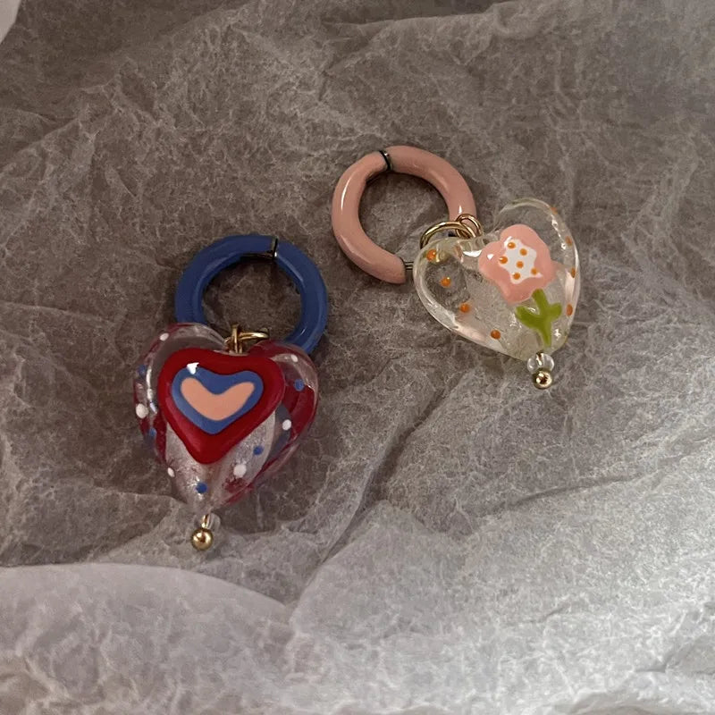 DAIIIBABYYY  -  Colorful Asymmetrical Enamel Flowers Heart Shape Drop Earrings for Women Girls Cute Handmade Hoop Earrings Holiday Jewelry Gifts