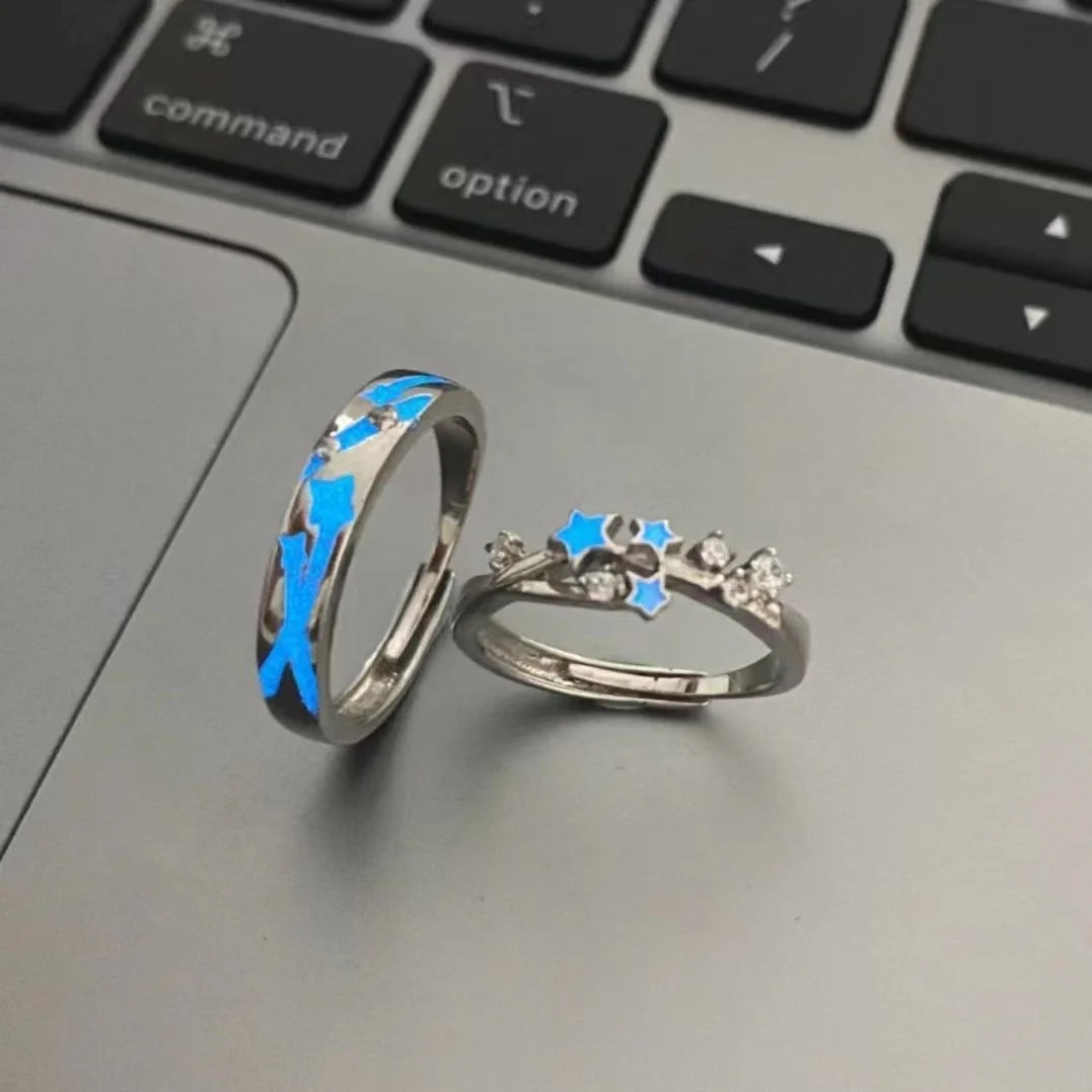 DAIIIBABYYY  -  1Pair Glow In Dark Luminous Blue Green Light Star Ring Fluorescent Heart Ring Women Men Couples Finger Rings Jewelry Adjustable