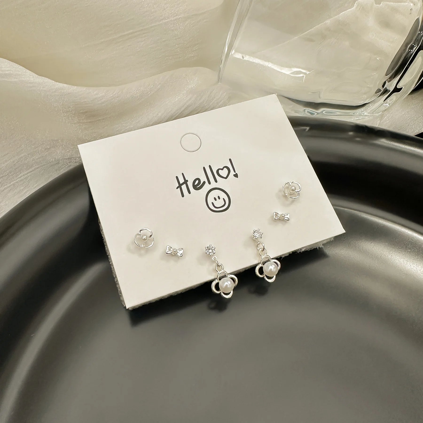 DAIIIBABYYY  -  Silver Plated Needle Luxury Stud Earrings Set for Women Fashion Rhinestone Heart Pearl Bow Star Earring Wedding Jewelry