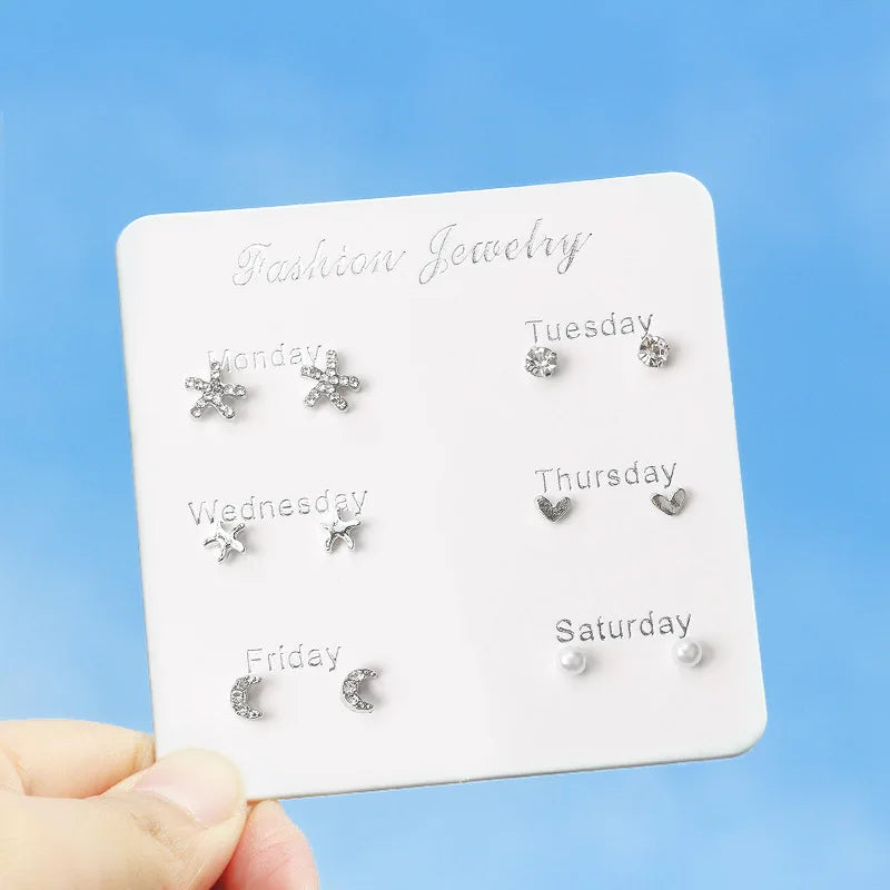 DAIIIBABYYY  -   2024 Creative Week Stud Earrings Set for Women Heart Pearl Rhinestone Earring Korean Fashion Party Jewelry Wholesale