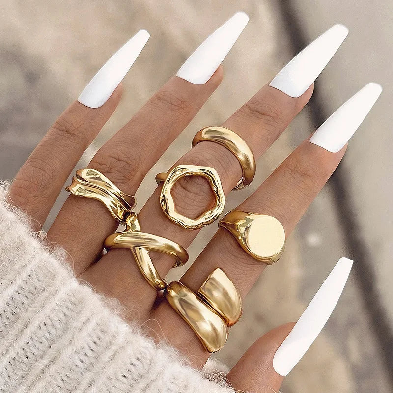 DAIIIBABYYY  -  6Pcs/Set Gold Color Smooth Geometric Open Rings Set For Women Exaggerated Metal Irregular Thick Chunky Ring Jewelry Gift