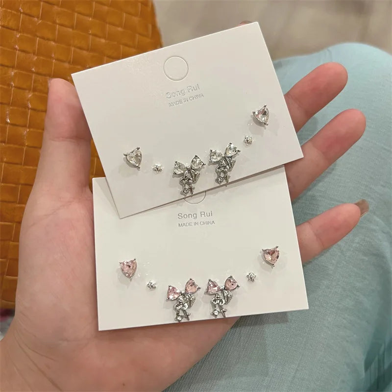DAIIIBABYYY  -  Charm Y2K Bow-knot Heart Pink Silver Color Rhinestone Stud Earrings Set Women Korean Fashion Girls Sweet Earring Jewelry