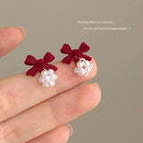 DAIIIBABYYY  -  Women New Year Christmas Wine Red Velvet Bow Earrings Korean Fashion Girls White Plush Ball Dangle Earring Jewelry Gift