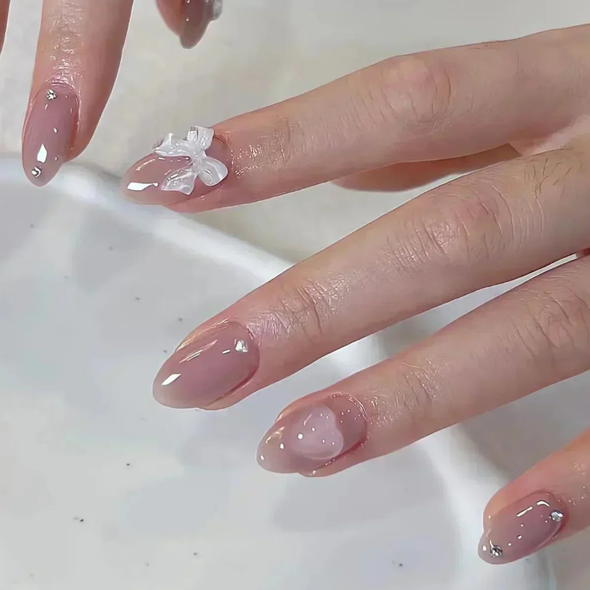 Daiiibabyyy  White Glitter Powder Bowknot Long Pointed Fake Nails Art Ballet False Nail Cow Print Pearl Rhinestone Pink Almond Press on Nails