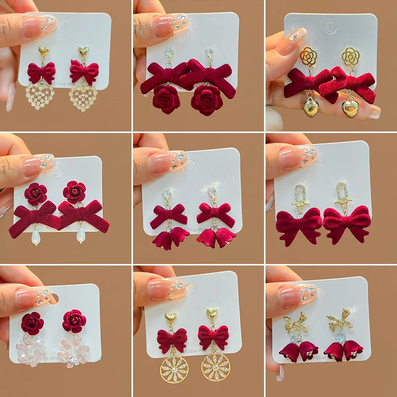 DAIIIBABYYY  -  New Romantic Winter Red Velvet Flocking Bow-knot Earrings Korean Fashion White Furry Ball Multi-style Dangle Earring Jewelry