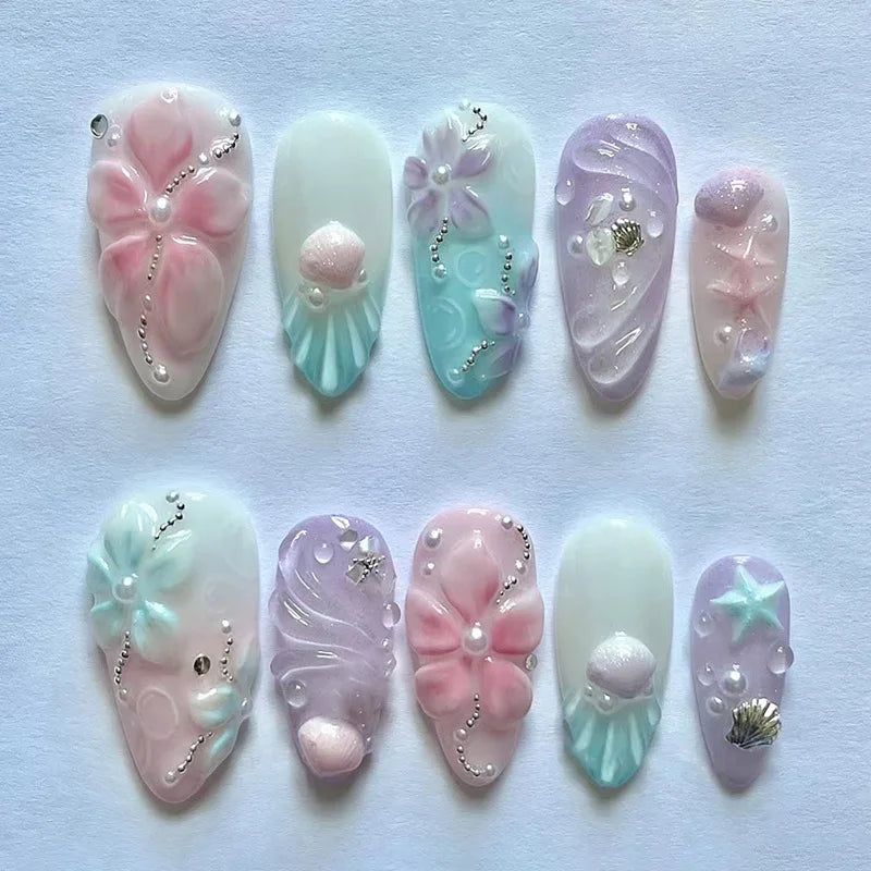 Daiiibabyyy  24pcs Wearable Fake Nails Pink Long Almond False Nail Flower Starfish Pattern Design Press on Nails Pearl Full Cover Nail Tips