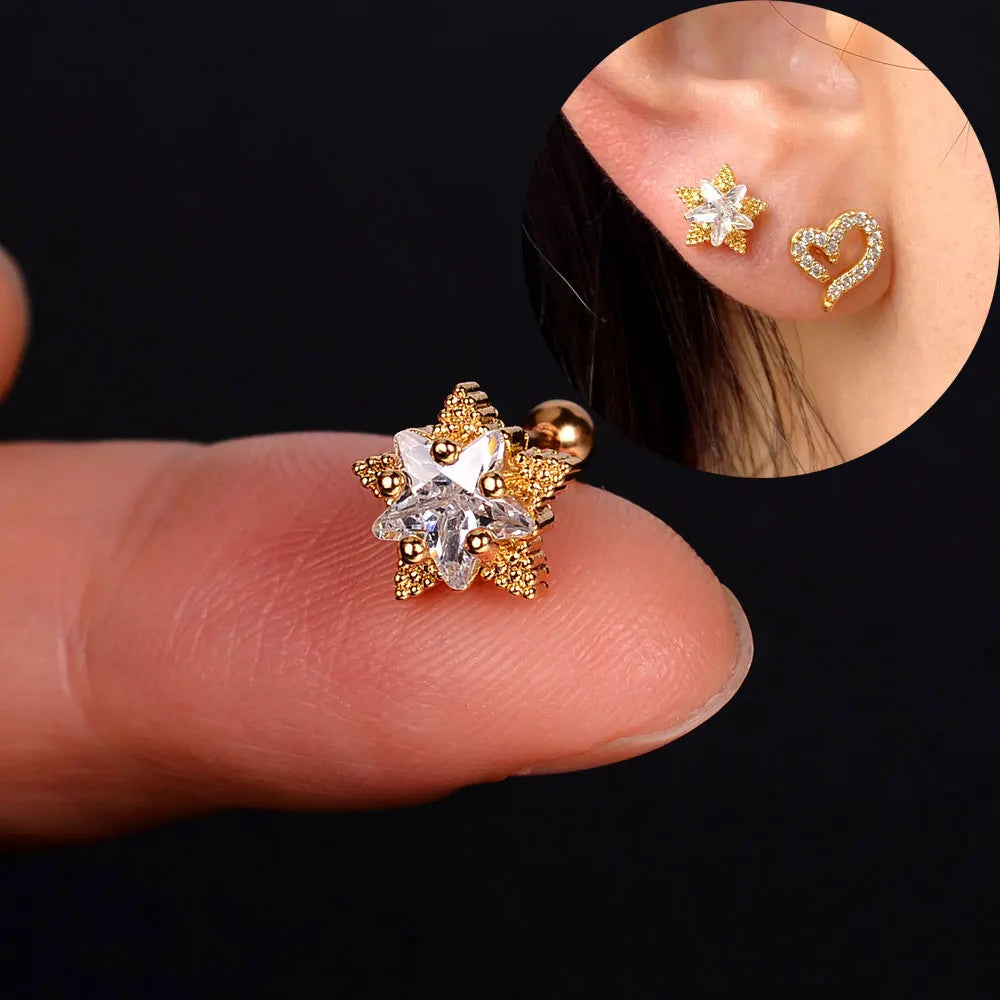 DAIIIBABYYY  -  1pcs New Style Stainless Steel Ear Piercing Cz Stud Earrings Snake Moon Round Ball Arc Cartilage Helix Conch Screw Back Earring