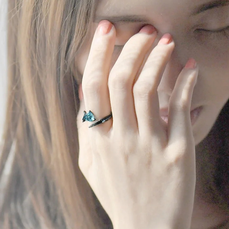 Daiiibabyyy Gothic BLack Thorns Punk Couple Rings Paired Blue Crystal Rose Statement Finger Ring for Men Women Best Friends Fashion Jewelry