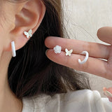 DAIIIBABYYY  -  Pink Glass Heart Butterfly Stud Earrings Set White Flower Korean Fashion Women Sweet Earring Jewelry Piercing brincos