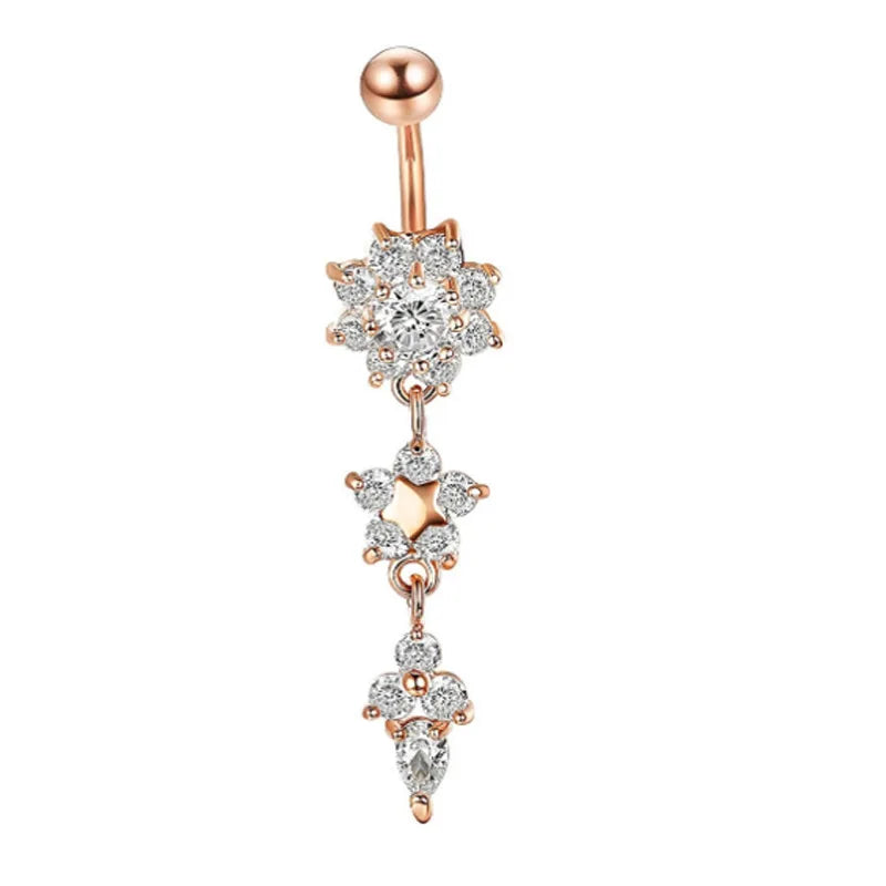 DAIIIBABYYY  -  Fashion Zircon Heart Belly Button Piercing for Women Stainless Steel Long Flower Pendant Navel Rings Piercing Ombligo Jewelry
