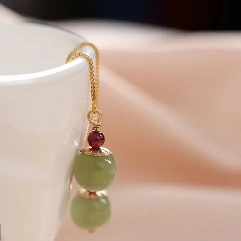 DAIIIBABYYY  -  Gold Color Hetian Jade Earrings for Women Green Round Jewelry Girls Gift Grace Ethnic Style