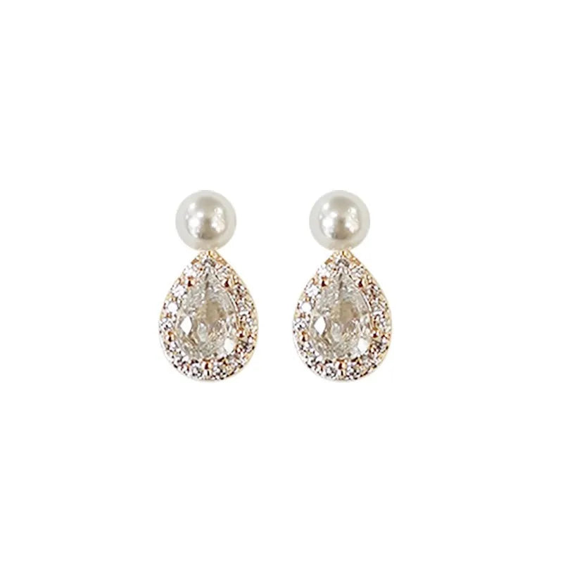 DAIIIBABYYY  -   Plated Pearl Stud Earrings Water Drop Shiny Zircon Morning Dew Earrings for Women Wedding Jewelry
