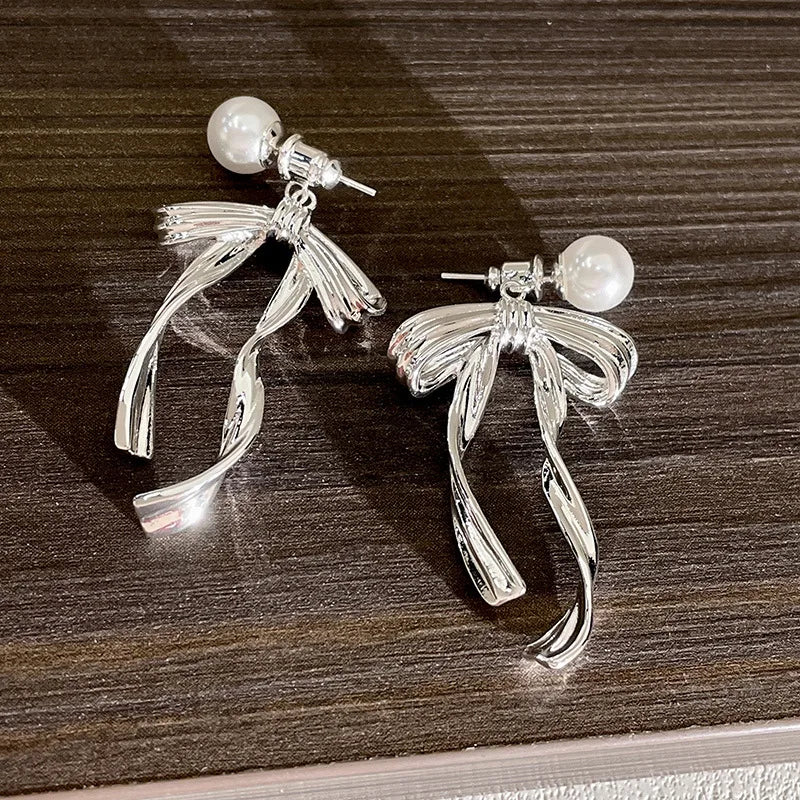 DAIIIBABYYY  -  New Arrival South Korea Light Luxury Tassel Long Pearl Bow Dangle Earrings For Women Fashion Sweet Metal Jewelry Gifts