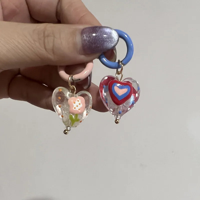 DAIIIBABYYY  -  Colorful Asymmetrical Enamel Flowers Heart Shape Drop Earrings for Women Girls Cute Handmade Hoop Earrings Holiday Jewelry Gifts