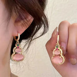 DAIIIBABYYY  -  New Chinese Traditional Pink Jade Gourd Shape Drop Earrings Women Ear Buckle Style Rhinestone Earring Wedding Jewelry