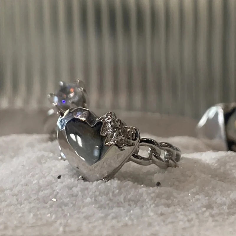 DAIIIBABYYY  -  Silver Color Broken Love Heart Rings For Women Girls Creative Design Fashion Temperament Sweet Anniversary Jewelry Gifts