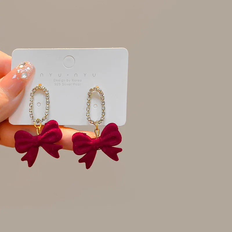 DAIIIBABYYY  -  New Romantic Winter Red Velvet Flocking Bow-knot Earrings Korean Fashion White Furry Ball Multi-style Dangle Earring Jewelry