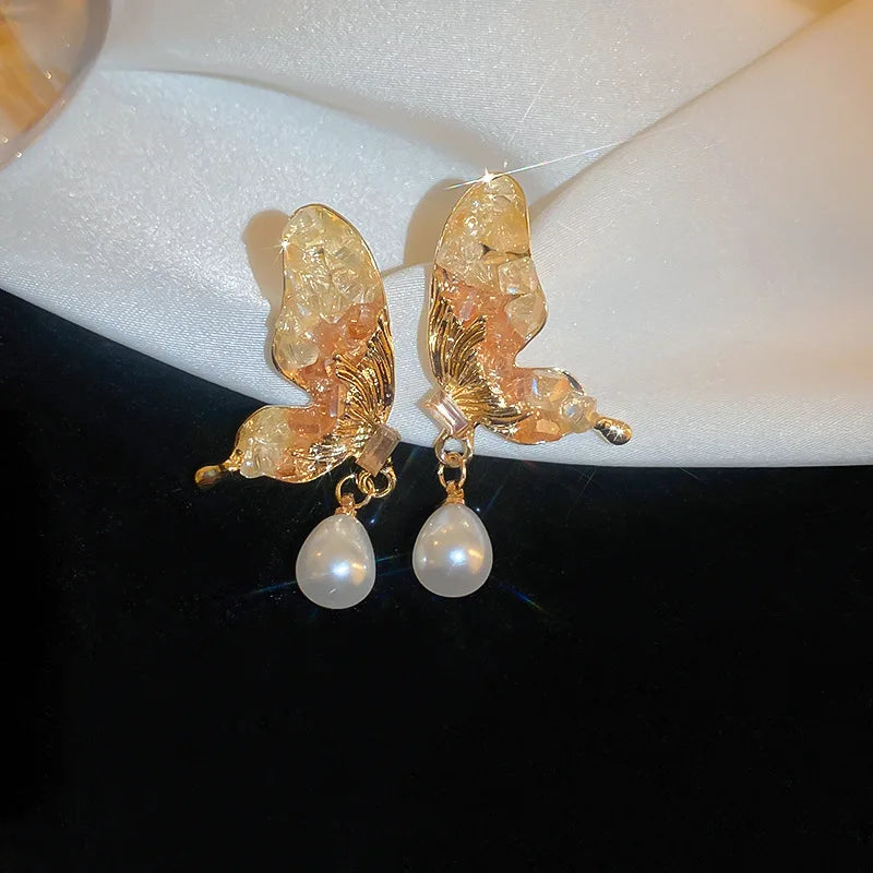 DAIIIBABYYY  -  Luxury Blue Gradient Crystal Butterfly Flower Pearl Earrings Flower Geometric Women Korean Fashion Kpop Tassel Earring