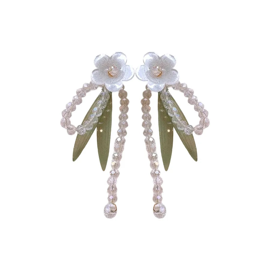 DAIIIBABYYY  -  Light Luxury Sweet Glass Crystal Flower Leaf Tassel Dangle Earrings For Women Fashion Cute Sweet Jewelry Accessories Gifts