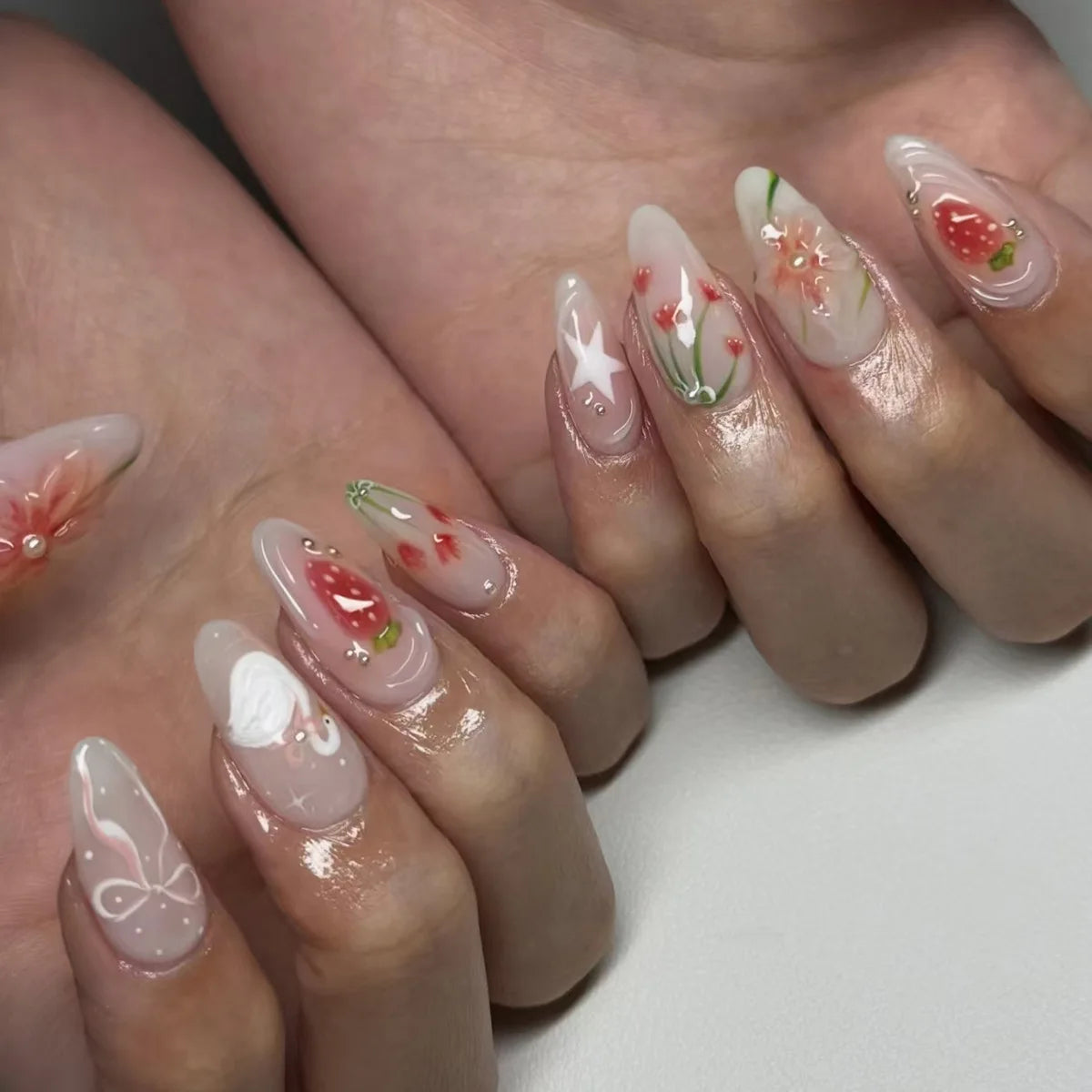 Daiiibabyyy  24pcs Wearable Nails Sets Press on Bow Rhinestone Design Almond Fake Nails Tips Flower Pink Long Nail Art Finished False Nail