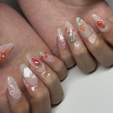 Daiiibabyyy  24pcs Wearable Nails Sets Press on Bow Rhinestone Design Almond Fake Nails Tips Flower Pink Long Nail Art Finished False Nail