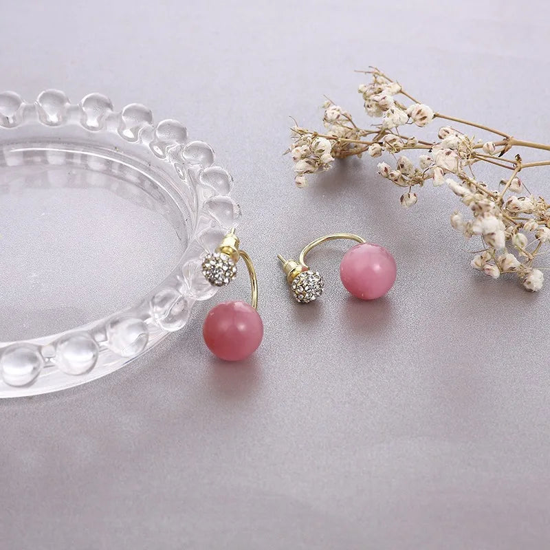 DAIIIBABYYY  -  Korean Sweet Pink Round Bead Earrings Set with Shiny Cubic Zirconia Stud Earrings for Women Elegant Fashion Jewelry Accessories
