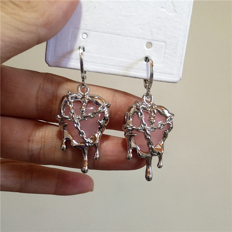 Daiiibabyyy Gothic Liquid Pink Heart Pendant Earrings For Women Fashion Creative Aesthetic Grunge Y2K Punk Rock Jewelry EMO Accessories New