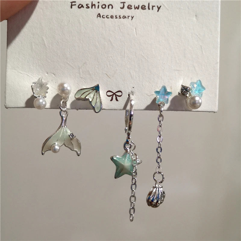 DAIIIBABYYY  -  6PCS SET Fashion Y2K Blue Crystal Star Starfish Shell Pearl Tassel Chain Dangle Earrings Beach Ocean Accessories Gift Women NEW