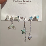 DAIIIBABYYY  -  6PCS SET Fashion Y2K Blue Crystal Star Starfish Shell Pearl Tassel Chain Dangle Earrings Beach Ocean Accessories Gift Women NEW
