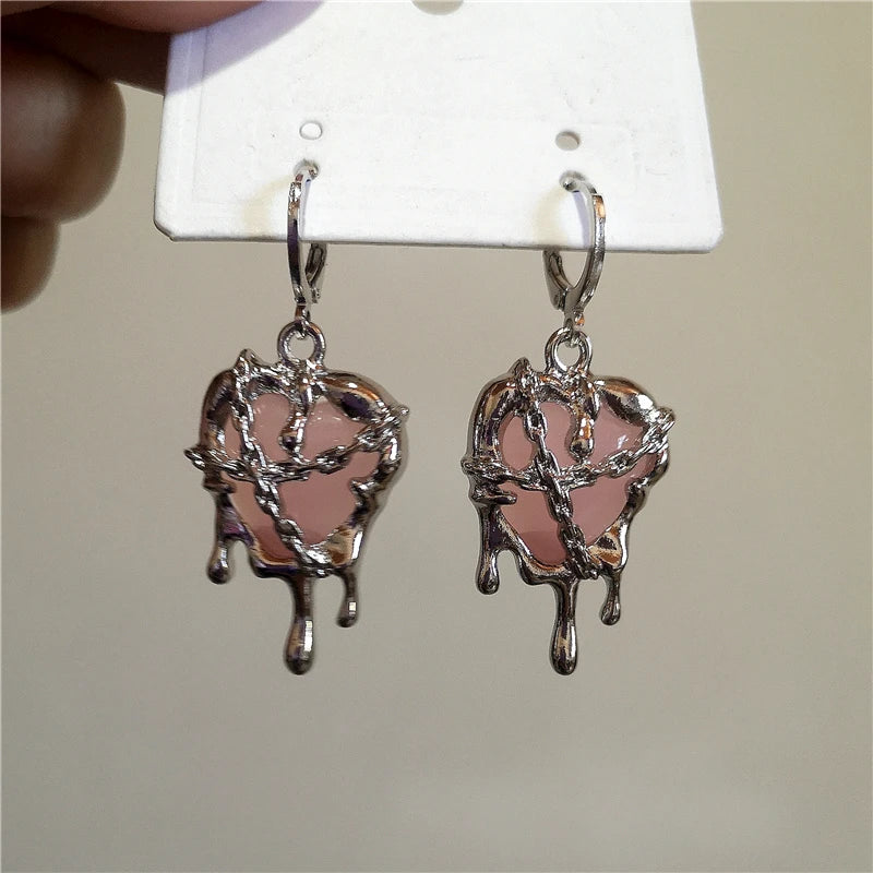Daiiibabyyy Gothic Liquid Pink Heart Pendant Earrings For Women Fashion Creative Aesthetic Grunge Y2K Punk Rock Jewelry EMO Accessories New