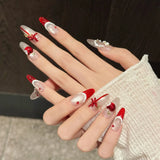 Daiiibabyyy  10pcs Cat's Eye Red Handmade False Nail Tips Bow Lines Design Long Oval Nail Rhinestone Press on Nails Art Wearable Fake Nail