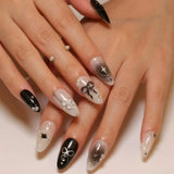 Daiiibabyyy  White Glitter Powder Bowknot Long Pointed Fake Nails Art Ballet False Nail Cow Print Pearl Rhinestone Pink Almond Press on Nails