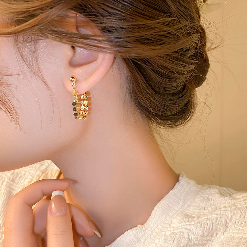 DAIIIBABYYY  -  New Arrival Korean Light Luxury Elegant Tassel Metal Geometric Hoop Earrings For Women Fashion Simple Jewelry Party Gifts