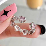 Daiiibabyyy Korean Sweet Pink Heart Zircon Opening Ring for Women Girls 2022 New Trendy Design Luxury Adjustable Finger Rings Set Jewelry