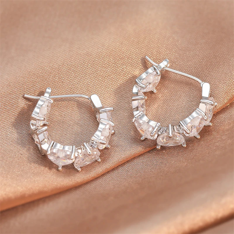 DAIIIBABYYY  -  Exquisite Clear Heart-shaped Cubic Zirconia Hoop Earrings New Trending Sliver Color Plated Wedding Party Ear Accessories
