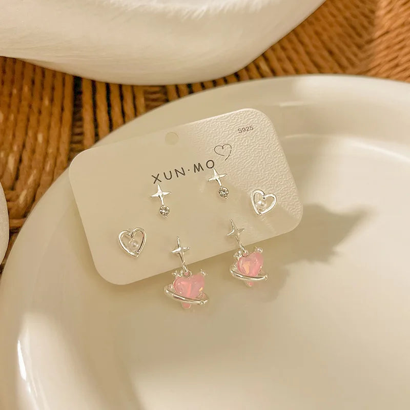 DAIIIBABYYY  -  Sweet Pink y2k Star Heart Pendant Stud Earrings Set for Women Korean Fashion Shiny Rhinestone Pearl Earring Jewelry
