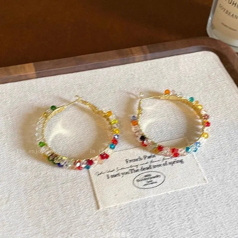 Daiiibabyyy  Stained Glass Beads Round Hoop Earrings for Women Personality Design Earring Commuting Versatile Fashion Jewelry Party Travel A1