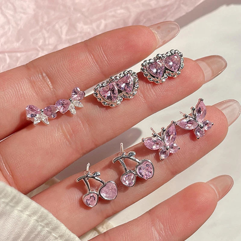 DAIIIBABYYY  -  Summer New Shiny Pink Flower Cherry Butterfly Star Pearl Stud Earrings Set for Women Girls One Week Korean Fashion Jewelry Gift