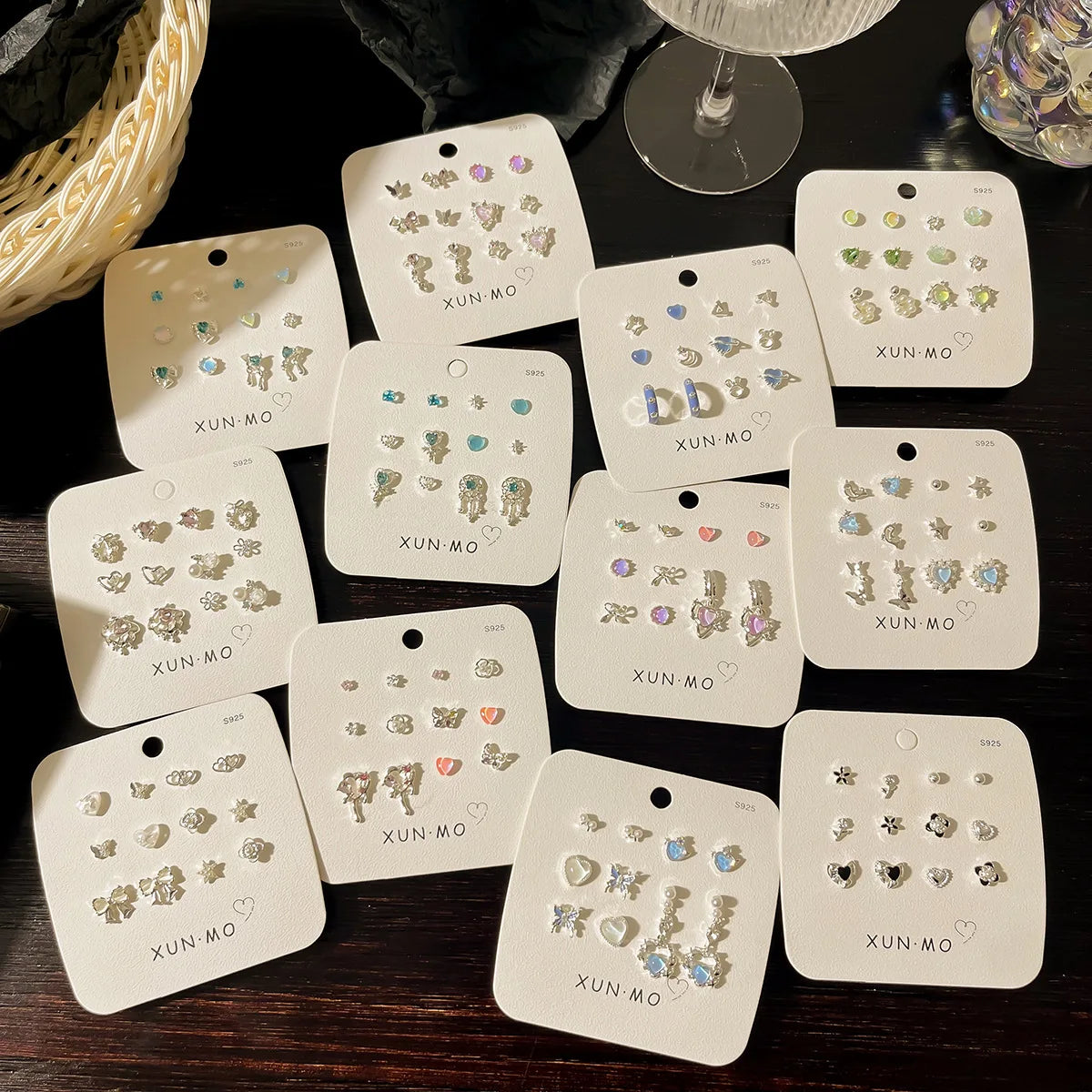DAIIIBABYYY  -  Sweet Y2K Blue Aurora Rhinestone Heart Star Moon Stud Earrings Set Women Korean Fashion Butterfly Earring Jewelry Gift