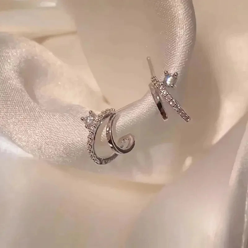 DAIIIBABYYY  -  New Double Asymmetric Earrings Set with Shiny Cubic Zirconia Stud Earrings Women's Fashion Elegant Jewellery Accessories