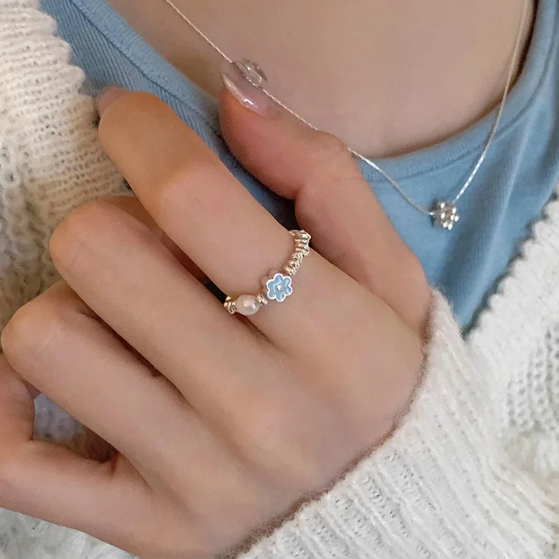 DAIIIBABYYY  -  Blue Drop Glaze Flower Pearl Rings For Women Girls Minimalist Sweet Cute Creative Temperament Elegant Birthday Jewelry